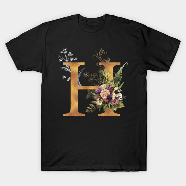 Floral Monogram Golden Letter H First Name Initial Wedding Anniversary Birthday Graduation Halloween Gift T-Shirt by BadDesignCo